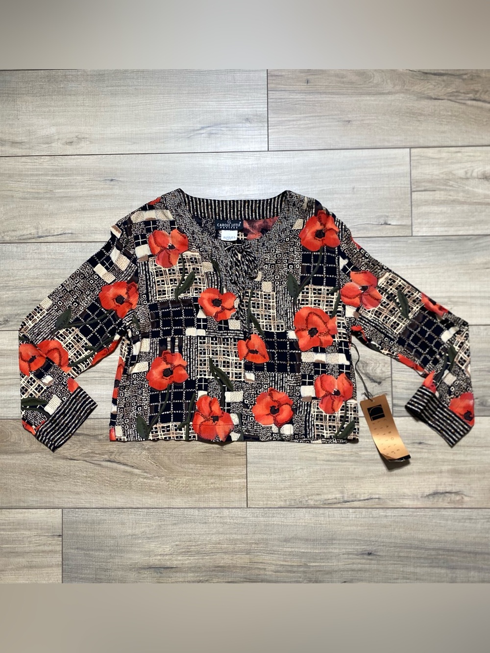 Vintage Carole Little Petites Long Sleeve Floral Rayon Top Size 4 Black